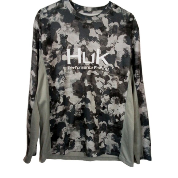 Men's Huk Performance Fabric Fishing Long Sleeve Gray Camo Shirt Size Medium - Picture 1 of 16